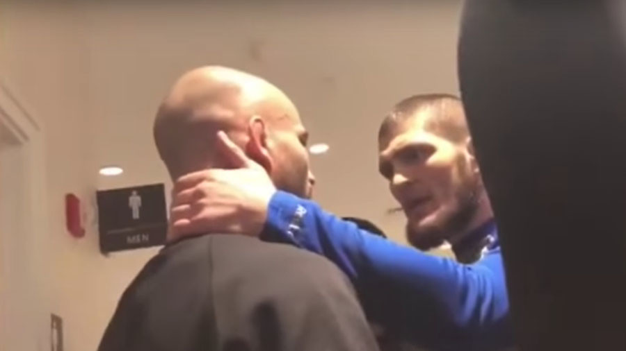 MacMallyMMA's tweet photo. Khabib finding Tim Elliot in the back: 

#UFC272 https://t.co/dVg5UnLDLB