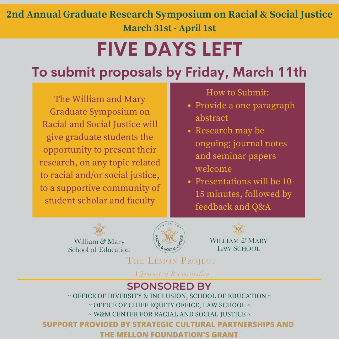 FIVE DAYS LEFT to submit a proposal for the 2nd Annual Graduate Research Symposium on Racial and Social Justice! Submit your proposal here: wmsas.qualtrics.com/jfe/form/SV_da…