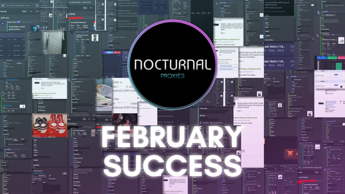 🚨February Success🚨

Consoles, Shoes, GPUs, and much more!☑️

Best ISPs and Resi proxies on the market!👑

2x 2GB Giveaway!🎁
| Rules:
| Like &amp; RT🖤
| Follow 
<a href="/NOCTURNALPROX/">Nocturnal Proxies</a> &amp; <a href="/NocturnalStore_/">Nocturnal Technologies</a> 👑
| Tag a buddy below!👇

Ends in 48 hours!⏰