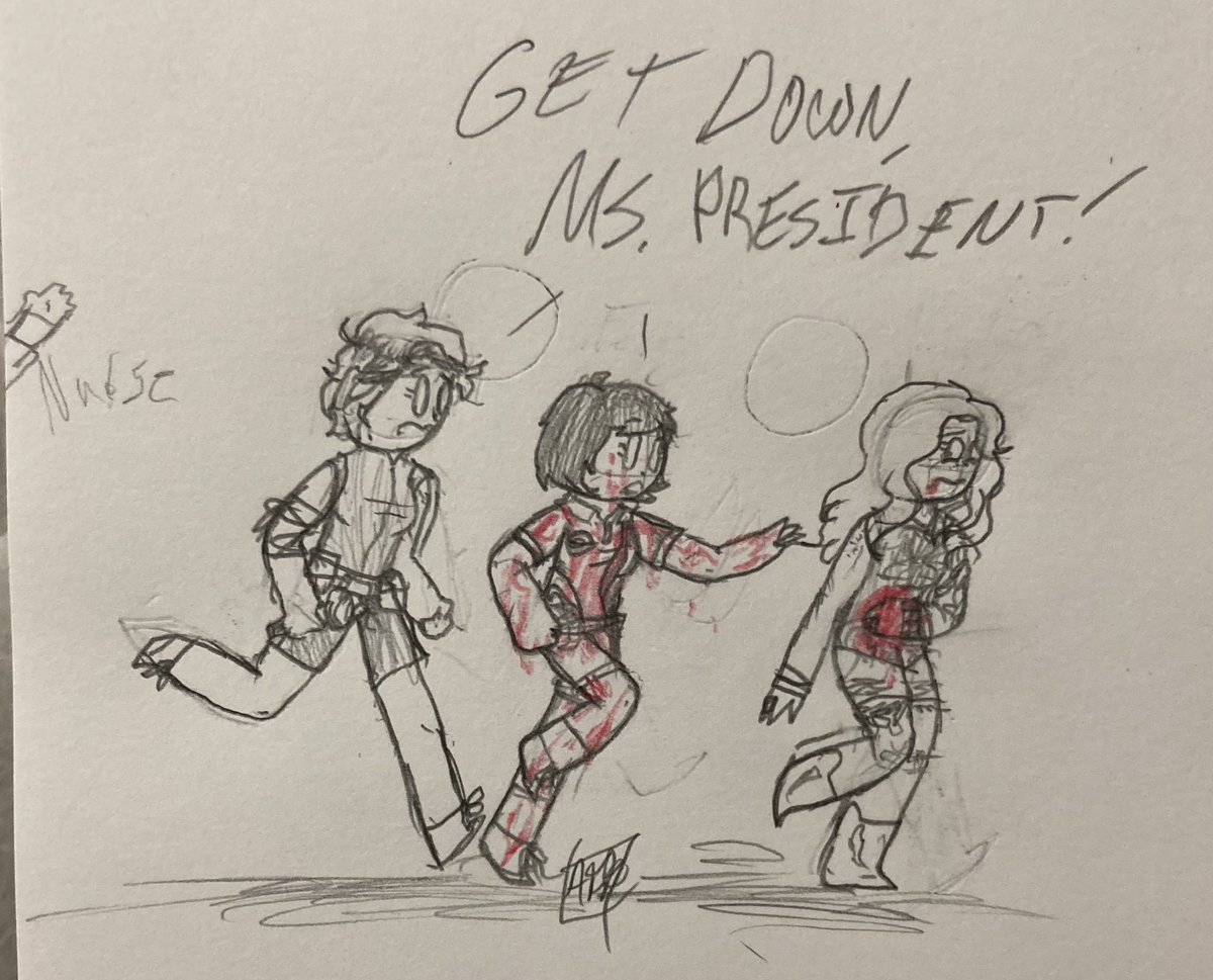DuckDoesTheDoot's tweet photo. So I drew this based off of the time where me (Meg) and Feng were just escorting Kate to the exit gate while I was just saying โGET DOWN, MS PRESIDENT, GET DOWNโ the entire time.
#DeadbyDaylight
#dbdfanart
#MegThomasdbd
#FengMindbd
#KateDensondbd https://t.co/BDDpMfLHau