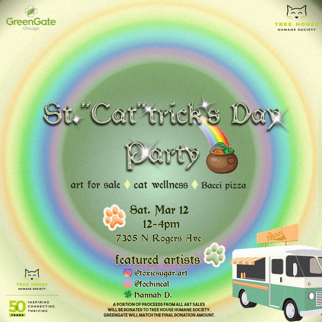 Let’s get high-rish! 🍀☺️ Next Saturday, Mar. 12th, we’ll be hosting a St. Patrick’s Day party! A few of our very talented budtenders are selling art pieces they’ve created to generate donations for @treehousehumanesociety 💚🐈‍⬛🌟 <a href="/baccipizza/">Bacci Pizzeria</a> will also be selling slices🍕☺️