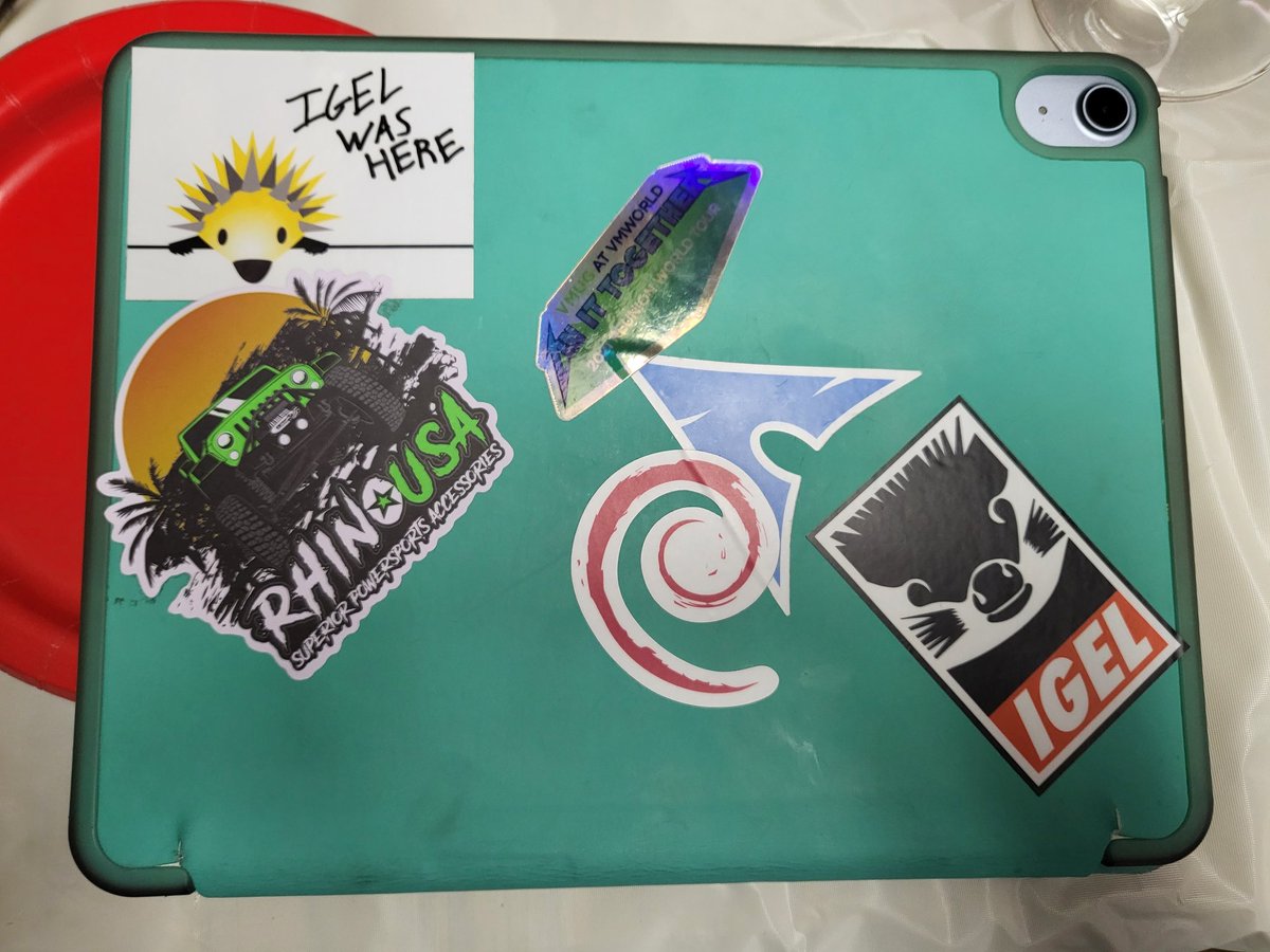 commputethis's tweet photo. When your nephew comes over and finds your stickers. He leaves with his iPad looking like this.
#myvmug #igel #rhinousa #vexpert #vmware https://t.co/C5GI8YwmCT