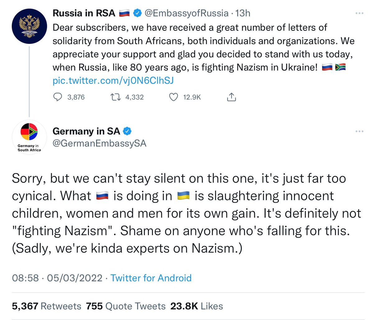 GerryHassan's tweet photo. Many thanks to the German Embassy in South Africa for calling out the Russian lie abt "fighting Nazism". The Russian state sadly are the fascist aggressors in this war which they started. #STANDWITHUKRAINE https://t.co/qoM6FFltL6