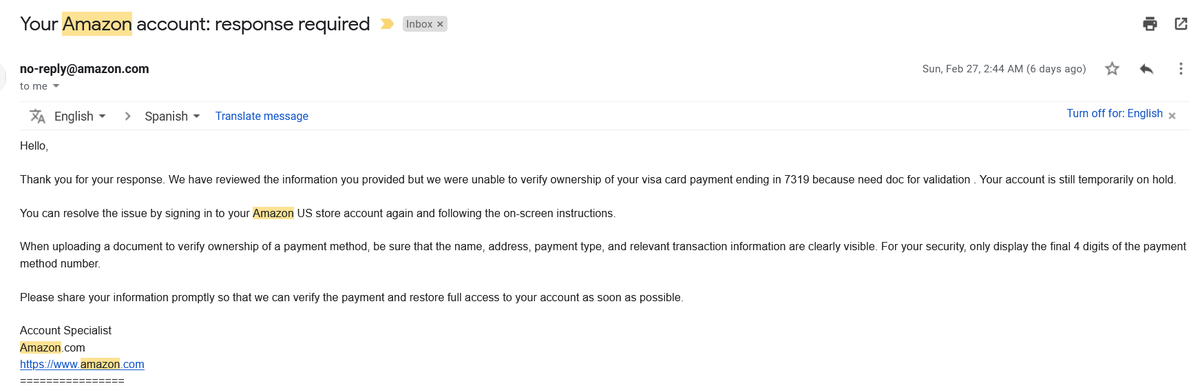 juanpabloma21's tweet photo. So far... an endless loop of the same emails with no real solution. Call support>get generic email asking documentation>"successfully summit documentation">get another email saying they didn't receive any documentation, also we are closing your account>Repeat #HELP #SOSamazon https://t.co/cIzV8W1AMD