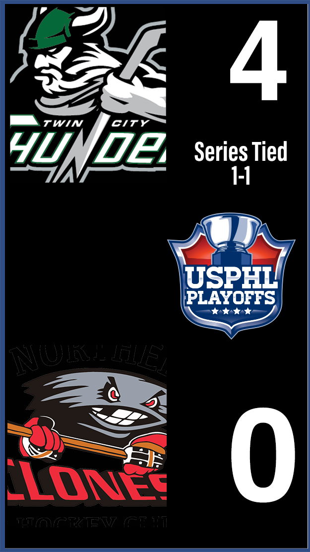 USPHL's tweet photo. #USPHLPlayoffs: The @TCthunderUSPHL team earned the 4-0 shutout victory against the host @NJrCyclones. They force Game 3 for 2 p.m. tomorrow afternoon. 
Brett Tome gets a HUGE #ShutoutShoutout for stopping all 50 shots he faced today! https://t.co/GlVkBDqLUo