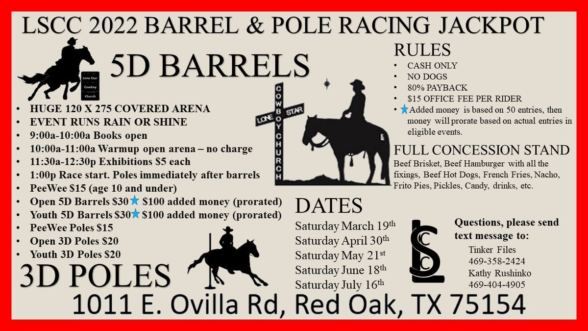 LSCCEllisCo's tweet photo. Lone Star Cowboy Church on #Google https://t.co/NR4riZ3zxn 

Our first 5D Barrel &amp; 3D Pole Jackpot! https://t.co/9YxnW4bNlz