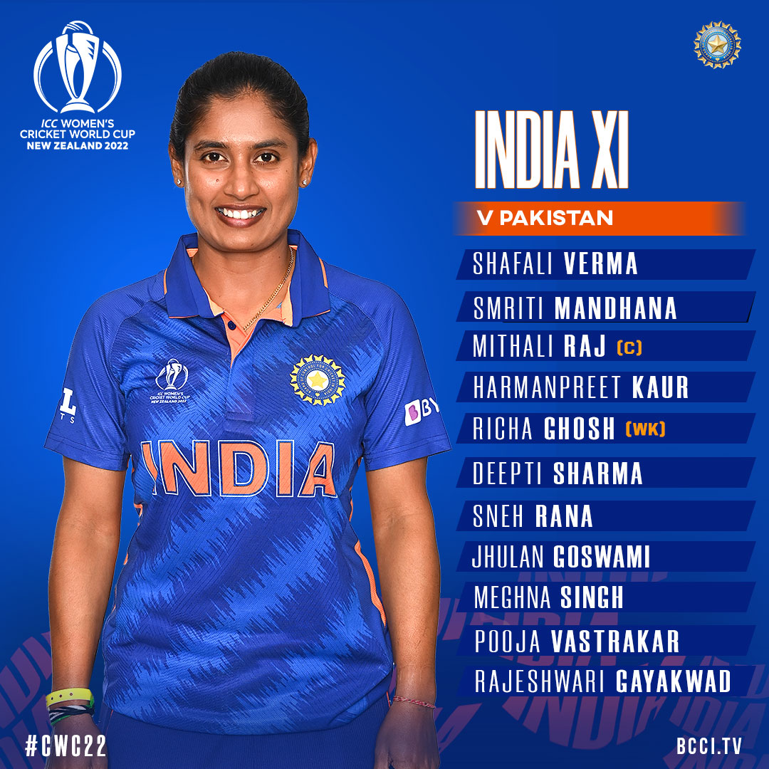 TICKTALKNEWS's tweet photo. #SPORTSUPDATE

CAPTAIN 🦁 MITHALI RAJ WINS THE TOSS 🤩 AND INDIA 🇮🇳 WILL BAT FIRST 🎉 AGAINST PAKISTAN 🇵🇰.

@BCCIWomen  @ICC

#indvspak  #WWC2022

HERE IS OUR PLAYING XI 👇 https://t.co/uG4pe9N36N