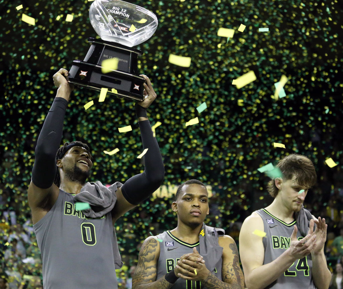 Baylor's tweet photo. Trophies &amp; confetti never get old. #SicEm 

#CultureofJOY 🏀 || #Big12Champs 🏆 https://t.co/LNIcpXDrAY