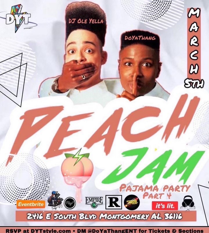 ALPromotionn's tweet photo. TONIGHT WE TAKE OVER‼️
WE PUT EVERYTHING ON THE TABLE‼️

@DoYaThangENT ITS A NATIONAL HOLIDAY #PeachJamDYT🍑⚡️ BIGGEST PAJAMA PARTY YA MAMA EVER SEEN🤯

EVERYTHING IS SOLD OUT🚨
DOORS OPEN @ WHEN YOU HEAR @djoleyella spin that shit🍾

#nyasu #myAUM #TroyU #Skegee https://t.co/Lg0743DebY