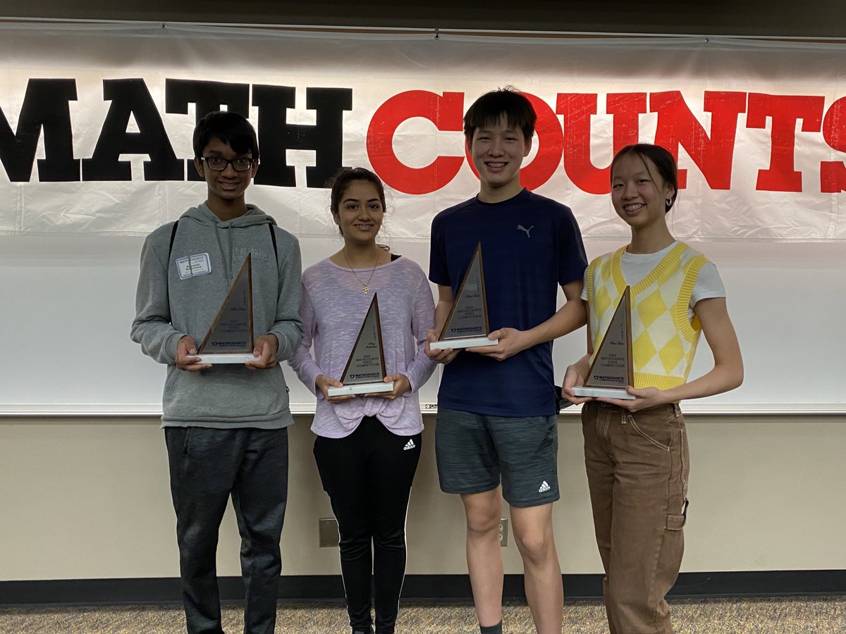 mroswurmct's tweet image. Congratulations to the California Trail MATHCOUNTS team on their first place victory at today’s state competition. Congrats to Bisandu, Mahi, Garrett, and Arielle.  @KSUWiley @CTMSBulldog @spbrown_math