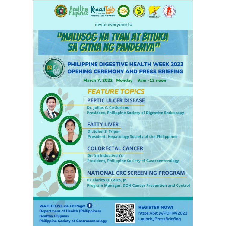 ariginality's tweet photo. Join the #PDHW2022 Opening Ceremony &amp; Press Briefing
MARCH 7, MONDAY
at 9am-12n
zoom: https://t.co/CYD7GvXRGW
Department of Health (Philippines) Healthy Pilipinas https://t.co/87LIP1bajL
Philippine Society of Gastroenterology https://t.co/4Wip0DzzL0
#PSG #philgastro #psgconnect https://t.co/o01xXirdDi