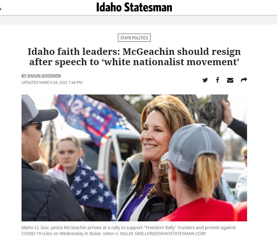 whitesheepranch's tweet photo. @JaniceMcGeachin Here in Idaho, faith leaders say you should resign for associating with white nationalists.
You are not a "true conservative", you are a true extremist.
#idpol #ResignJanice https://t.co/NfMLmVDSYh