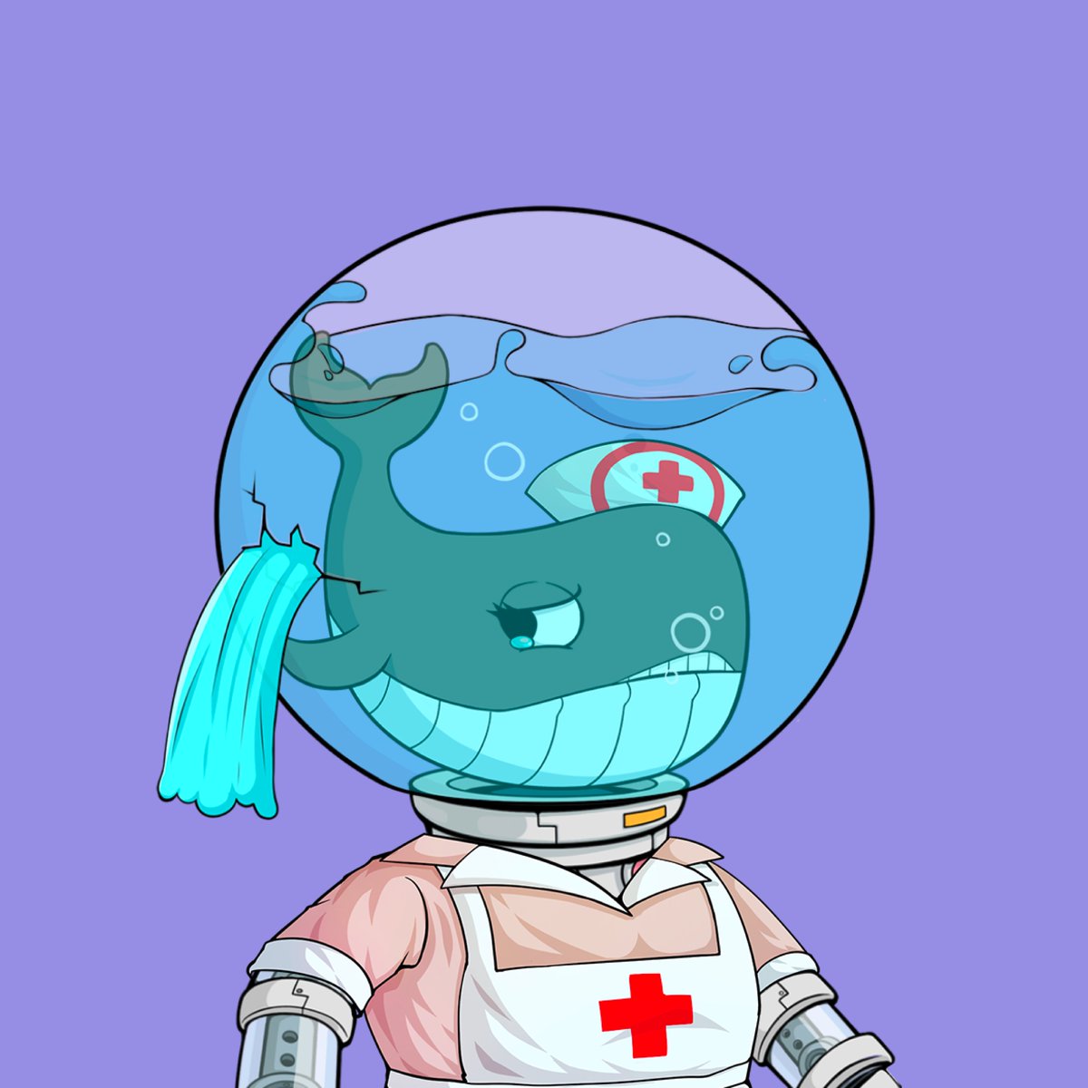 SolanaWhalesNFT's tweet photo. Introducing the Diamond City nurse! See her for all your physical needs.

Hat: Nurse
Fishbowl: Broken
Accessories: None
Type: Dark Gray
Eyes: Tear
Mouth: Scared
Outfit: Nurse
Background: Purple https://t.co/i8scqIueQo