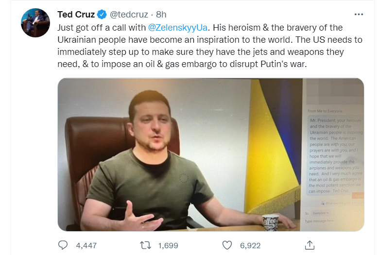 RemoveMcCaul's tweet photo. The Ukrainian Ambassador very intentionally asked each of us on the zoom to NOT share anything on social media during the meeting to protect the security of President Zelenskyy. Appalling and reckless ignorance by two US Senators.
SO,What's Cruz doing?#GOPBetrayedAmerica #GOPOUT https://t.co/FoM7pTKPb2