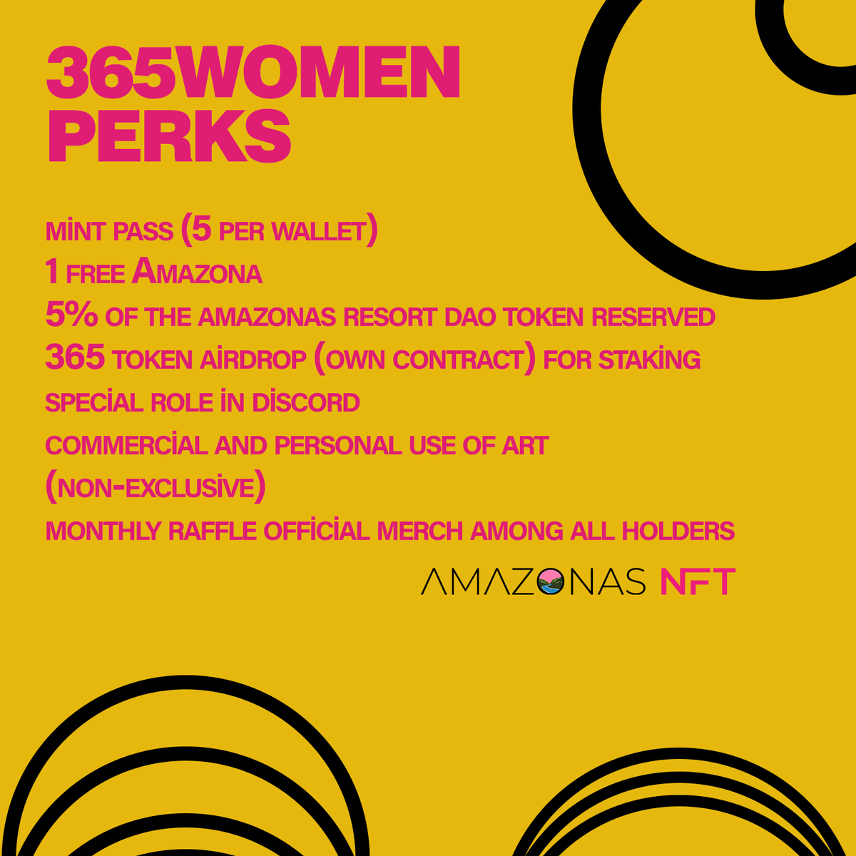 AmazonasNFT's tweet photo. For those who asked...
🚨What benefits does the #365Women collection bring?🚨
These are.
Thank you for your trust in the project, the art, and the team; and for the +$50k raised in two months❤️🏆
LFG🚀
#AmazonasNFT #Art #NFTs https://t.co/g9BIshcdyc