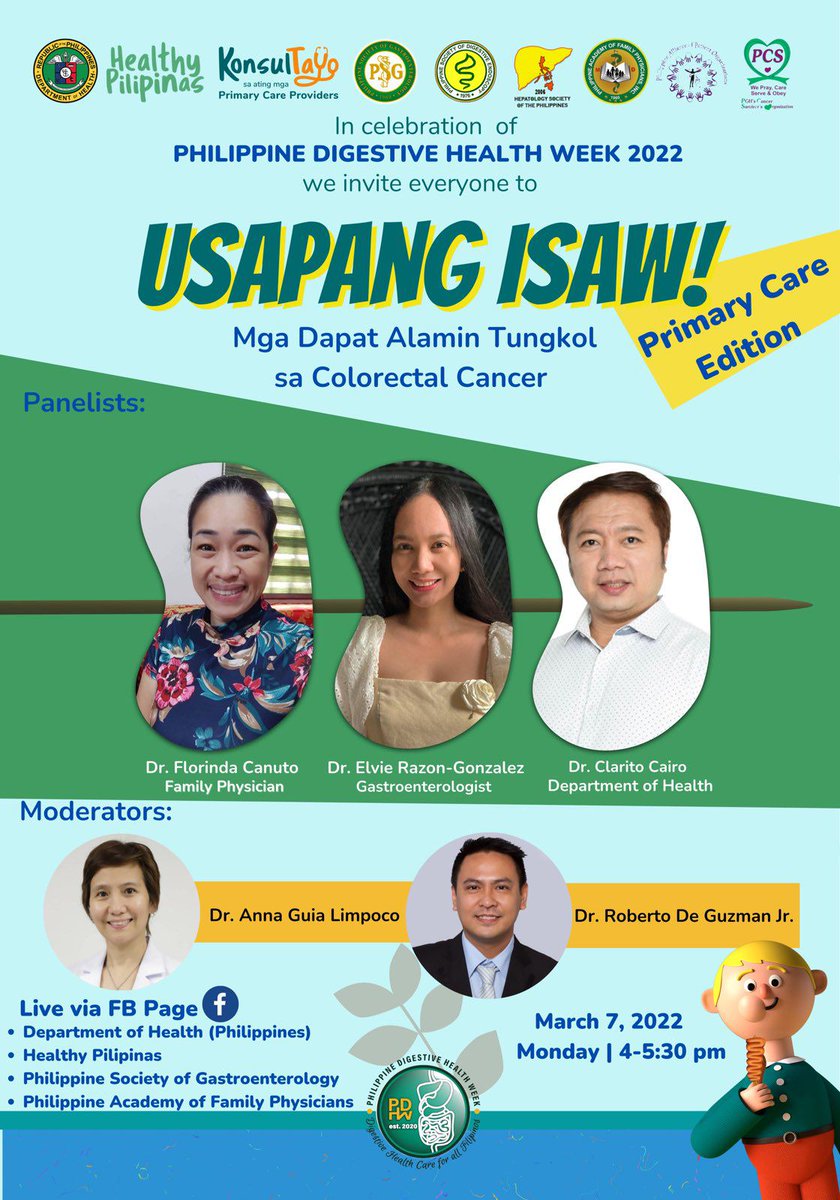 ariginality's tweet photo. WATCH #usapangisaw as we tackle Colon Cancer!
Lay Forum: 3/7/22; MONDAY 1-2pm
Primary Care Edition: 3/7/22 MONDAY 4-5:30 pm
Live Streaming FB pages:
DOH(Philippines)
Healthy Pilipinas https://t.co/87LIP1bajL
PSG https://t.co/4Wip0DzzL0
Philippine Academy of Family Physicians FB https://t.co/ZpHrWf121Q