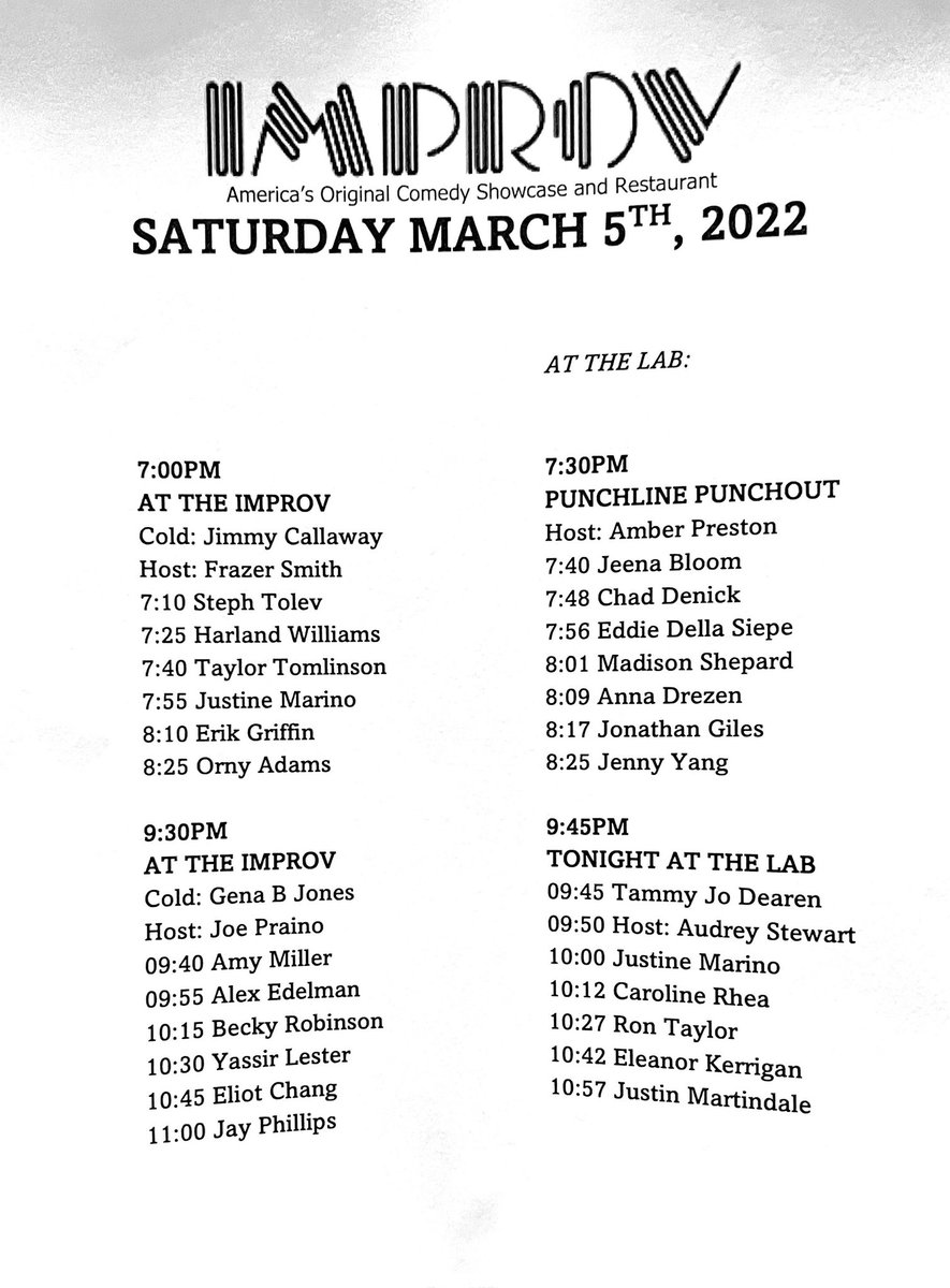 Set times tonight! The 7pm Main Room is SOLD OUT! There are 19 tickets left for Punchline Punchout and 6 tickets left for Tonight at The Lab. You can get on the guest list for free tickets for the 9:30 Main Room show: ticketweb.com/event/tonight-… #hollywoodimprov #comedy
