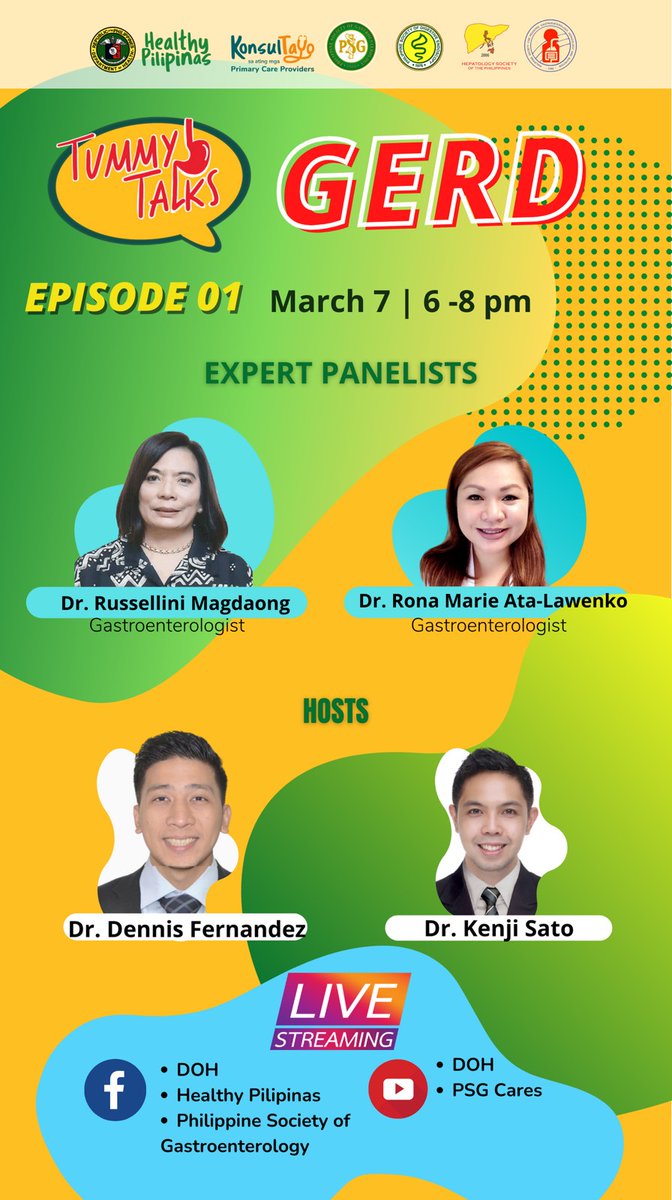 ariginality's tweet photo. Join #tummytalks as we GERD, Colon Cancer, and Alcohol-Related Liver Disease!
GERD: 3/7 6-8 pm
Colon Cancer: 3/8 6-8 pm
Alcohol-Related Liver Disease: 3/9 6-8 pm
🖥 FB Pages:
DOH (Philippines)
Healthy Pilipinas https://t.co/87LIP1bajL
PSG https://t.co/4Wip0DzzL0
#PSG #philgastro https://t.co/GX8bamkO0c