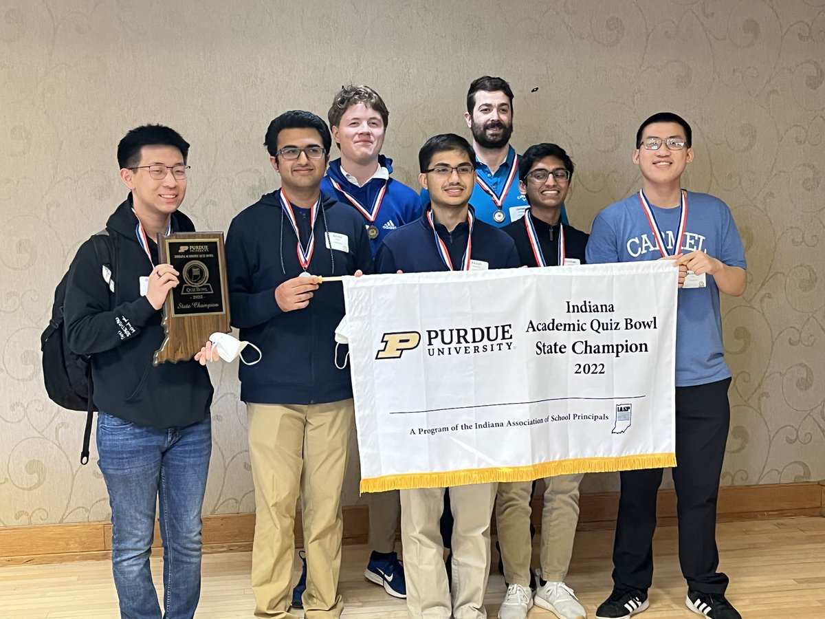 INQBlots's tweet photo. Carmel (@chs_quizbowl) finally put a stop to Saint Joseph's (@sj_quizbowl) string of consecutive state championships at nine by winning the IASP state final at Purdue over Saint Joe, 410-275.  Both teams will be competing at nationals!  @chsinfo @SaintJoeHigh @INPrincipals https://t.co/YXWGbVsE8c