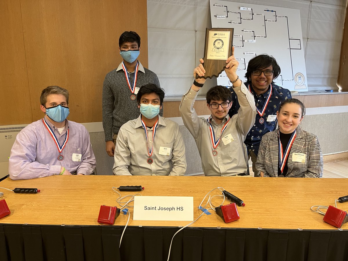 INQBlots's tweet photo. Carmel (@chs_quizbowl) finally put a stop to Saint Joseph's (@sj_quizbowl) string of consecutive state championships at nine by winning the IASP state final at Purdue over Saint Joe, 410-275.  Both teams will be competing at nationals!  @chsinfo @SaintJoeHigh @INPrincipals https://t.co/YXWGbVsE8c