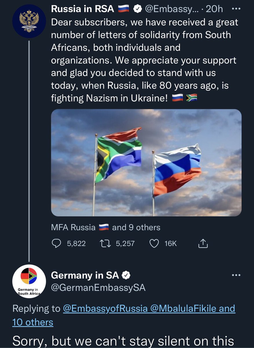 kulotissima's tweet photo. Never thought I’d see something like this. But the German Embassy in South Africa just ratioed the Russian embassy there. 🔥 

#StandWithUkraine️ 🇺🇦

 https://t.co/oAyWvrKK49 https://t.co/jElPZFf57X