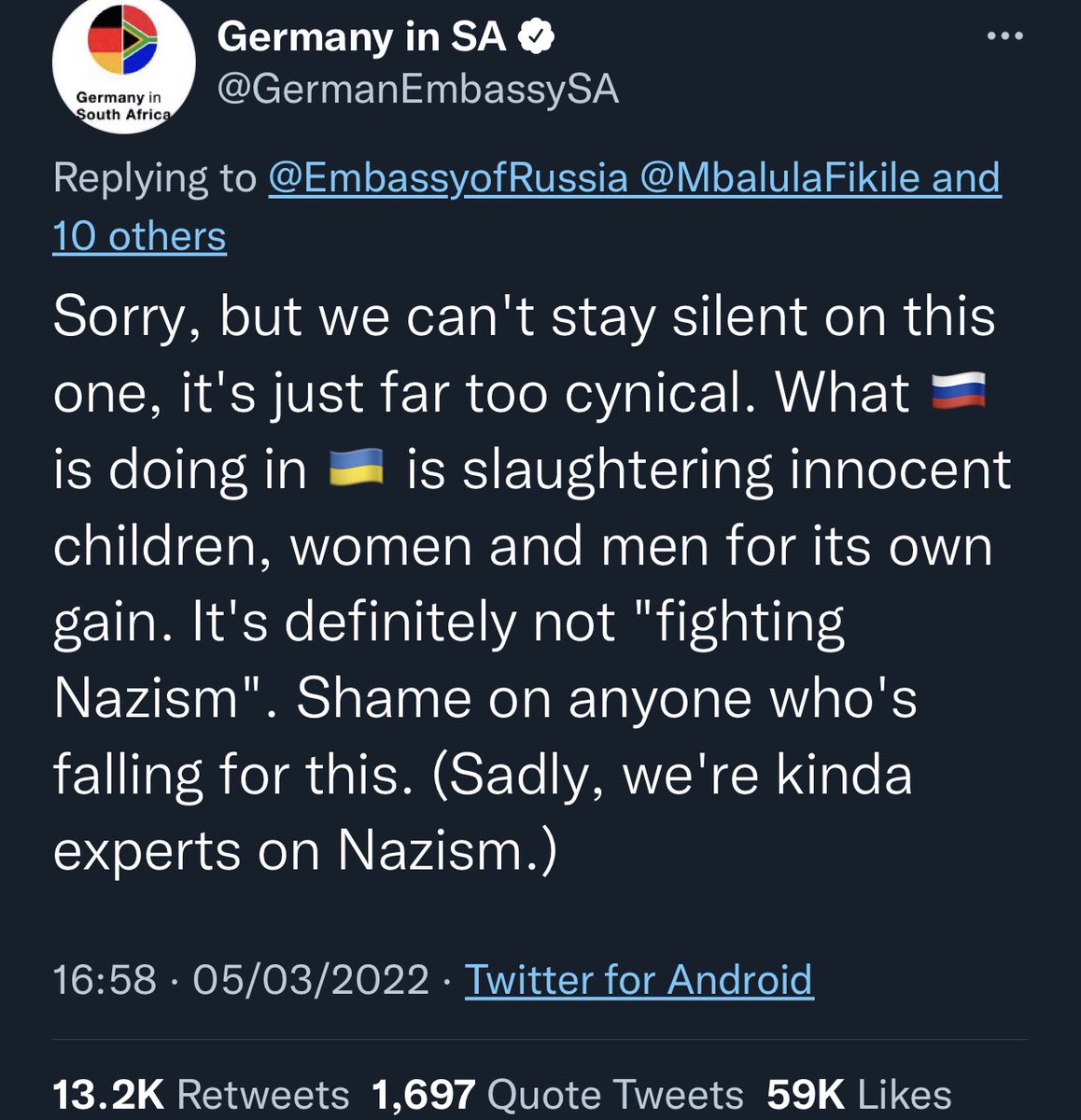 kulotissima's tweet photo. Never thought I’d see something like this. But the German Embassy in South Africa just ratioed the Russian embassy there. 🔥 

#StandWithUkraine️ 🇺🇦

 https://t.co/oAyWvrKK49 https://t.co/jElPZFf57X