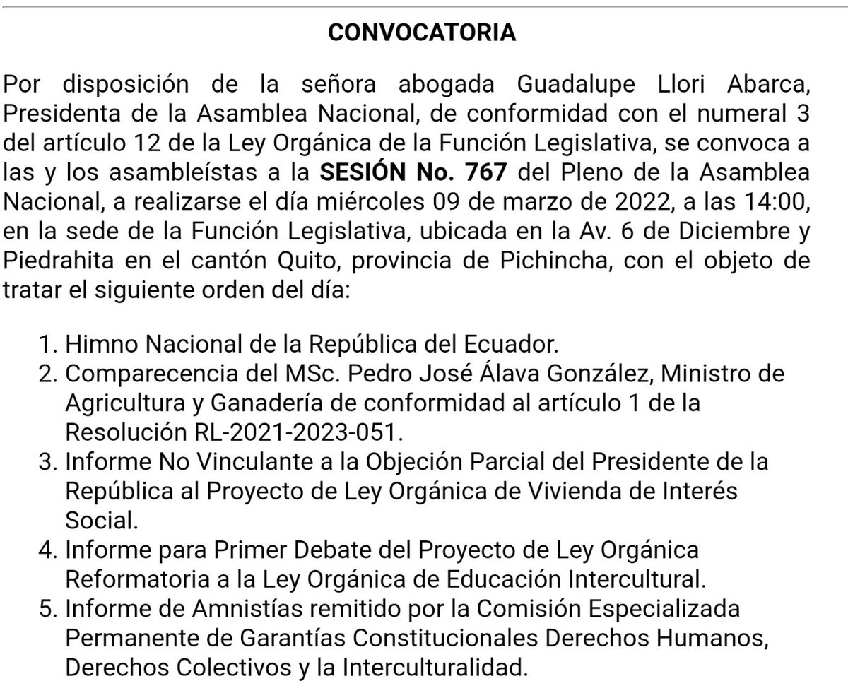 OFICIAL: al fin hay convocatoria a sesión de Pleno de la Asamblea. 
Será el miércoles a las 14h00. Entre otros temas, tratará el informe sobre amnistías.
¿Habrá nuevo intento por conformar la comisión ad-hoc de evaluación?
<a href="/PrimeraPlanaECU/">PrimeraPlanaECU</a> 
<a href="/CanalRTU/">Canal RTU</a> 
<a href="/radiosonorama/">Sonorama Online Radio</a>