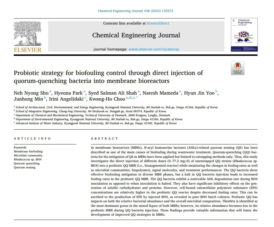 Syed Salman Ali Shah (@salmankakakhell) on Twitter photo Happy to share our latest work on Direct application of quorum-quenching bacteria for an MBR
from a probiotic point of view (i.e., bioaugmentation), published in <a href="/Chem_Eng_J/">Chemical Engineering Journal</a>.
More details (50 days free access): authors.elsevier.com/c/1eheh4x7R2cV…
@EnvSciHealth #Phdlife #biofouling #MBRs Happy to share our latest work on Direct application of quorum-quenching bacteria for an MBR
from a probiotic point of view (i.e., bioaugmentation), published in <a href="/Chem_Eng_J/">Chemical Engineering Journal</a>.
More details (50 days free access): authors.elsevier.com/c/1eheh4x7R2cV…
@EnvSciHealth #Phdlife #biofouling #MBRs