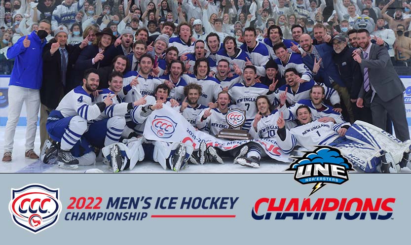 The #CCCMIH Tournament Championship did not disappoint as @UNESports edged out Endicott, 3-2, in an overtime thriller. The Nor'easters earn the conference AQ in the NCAA Tournament. READ: cccathletics.com/sports/mice/20… #d3hky