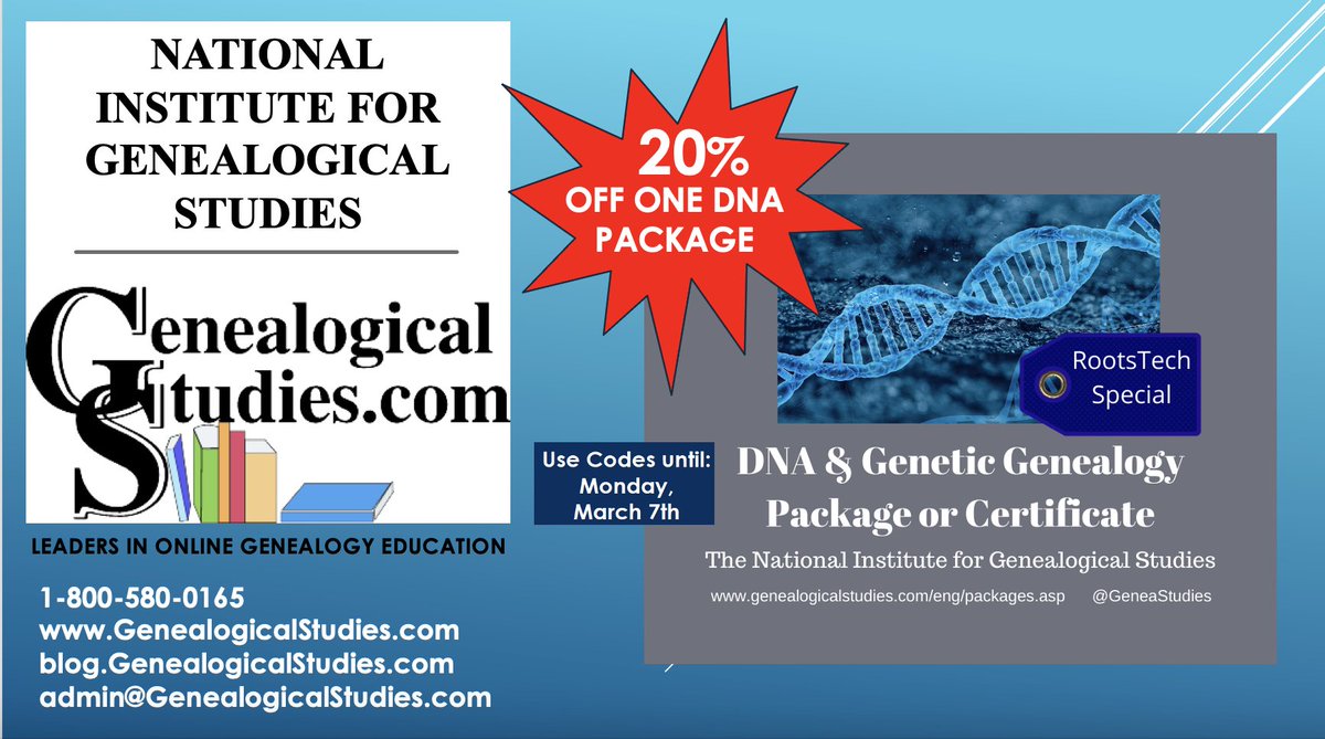 GenealogyWise's tweet photo. DNA &amp; Genetic Genealogy Packages or Certificate: Claim 20% off any Package or Certificate beginning with #DNA. #DiscountCode for #RootsTech2022 expires Mar 7th #familyhistory #genealogy #skillbuilding #onlineeducation 
https://t.co/CzZqY5ryJ0
Certificate: 
https://t.co/jxuDpZSmiZ https://t.co/NBRffdGFVR