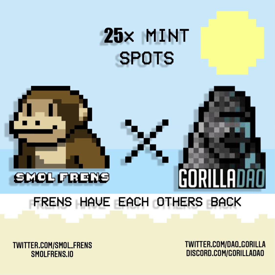 Smol_Frens's tweet photo. FRENS!!

(we missed 4:20/7:10)

25 x SPOTS FOR OUR FRENS UPCOMING MINT!!

FOLLOW: @dao_gorilla &amp; @Smol_Frens

RETWEET THIS POST/ TAG SOME FRENS

WE’LL PICK 25 FRENS WHO WON ACCESS TO MINT GORILLA DAO

 @ 7:10 PM TOMORROW https://t.co/hnwEVNwXmF