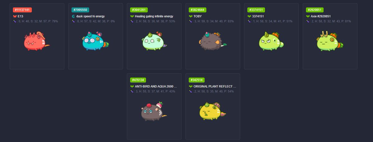 Since the giveaway is ending soon. I'm having a hard time which I should giveaway next. 

Comment the Axie ID of the ones you want to win on the next giveaway. I'll giveaway that axie for next week event.