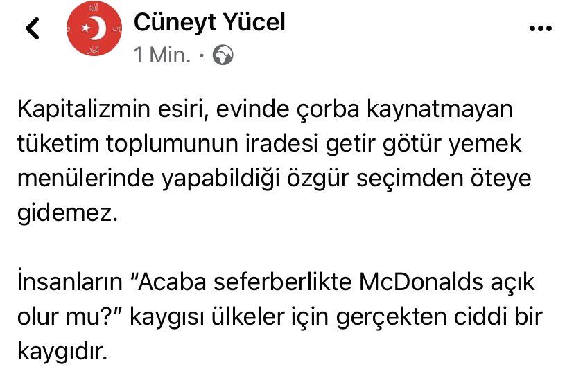 c_yucel's tweet photo. @NedretErsanel Kapitalizmin esiri, evinde çorba kaynatmayan tüketim toplumunun iradesi getir götür yemek menülerinde yapabildiği özgür seçimden öteye gidemez.

İnsanların “Acaba seferberlikte McDonalds açık olur mu?” kaygısı ülkeler için gerçekten ciddi bir kaygıdır. #AkılÇemberi https://t.co/cYZkNhb7Lh