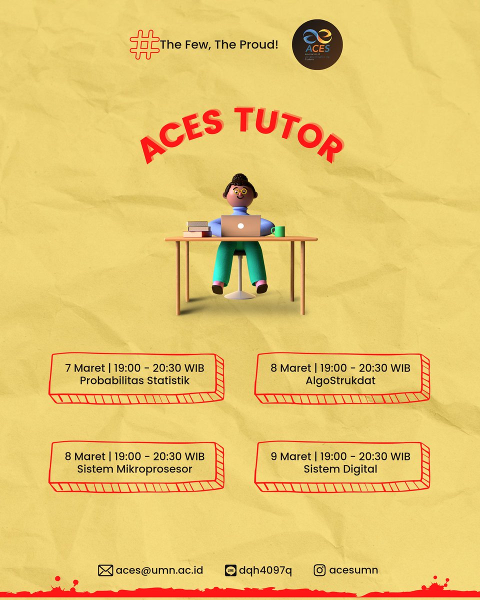 [ACES TUTOR]

Halo ACES! 
Sudah keluar nih jadwal untuk tutor akademik, bagi kalian yang membutuhkan pendalaman materi sebelum UTS, bisa join di jadwal yang tertera ya :)✨

#ACESGENXII