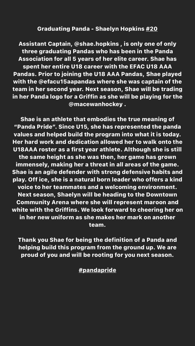 jroilerswhite's tweet image. Celebrating our Graduating Pandas! 🎓🐼

#20 @HopkinsShaelyn 

A committed veteran of the @EdmFemaleAC program spending her 5 years with the program. Thank you for your hard work and leadership! Will be rooting for you at @MacEwanHockey 

#pandapride
