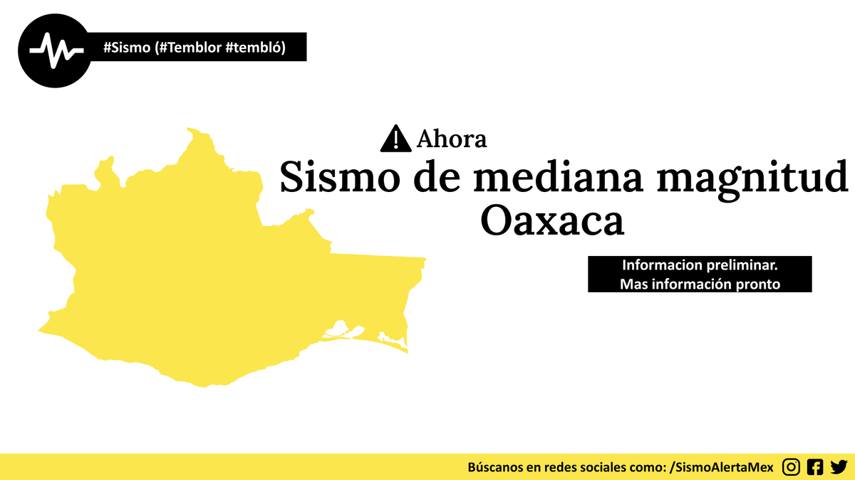 Sismoalertamex's tweet photo. ⚠️ | #SISMO: Sismo posiblemente de mediana magnitud (5=>5.9) en proceso en 🇲🇽 #Juchitan, #Oaxaca, reportado y/o detectado aproximadamente a las 21:29 (GMT-5) del 05/03/22.

ℹ️ Información preliminar. Mas información pronto

#Temblor #Temblo https://t.co/8WF14I2iX7