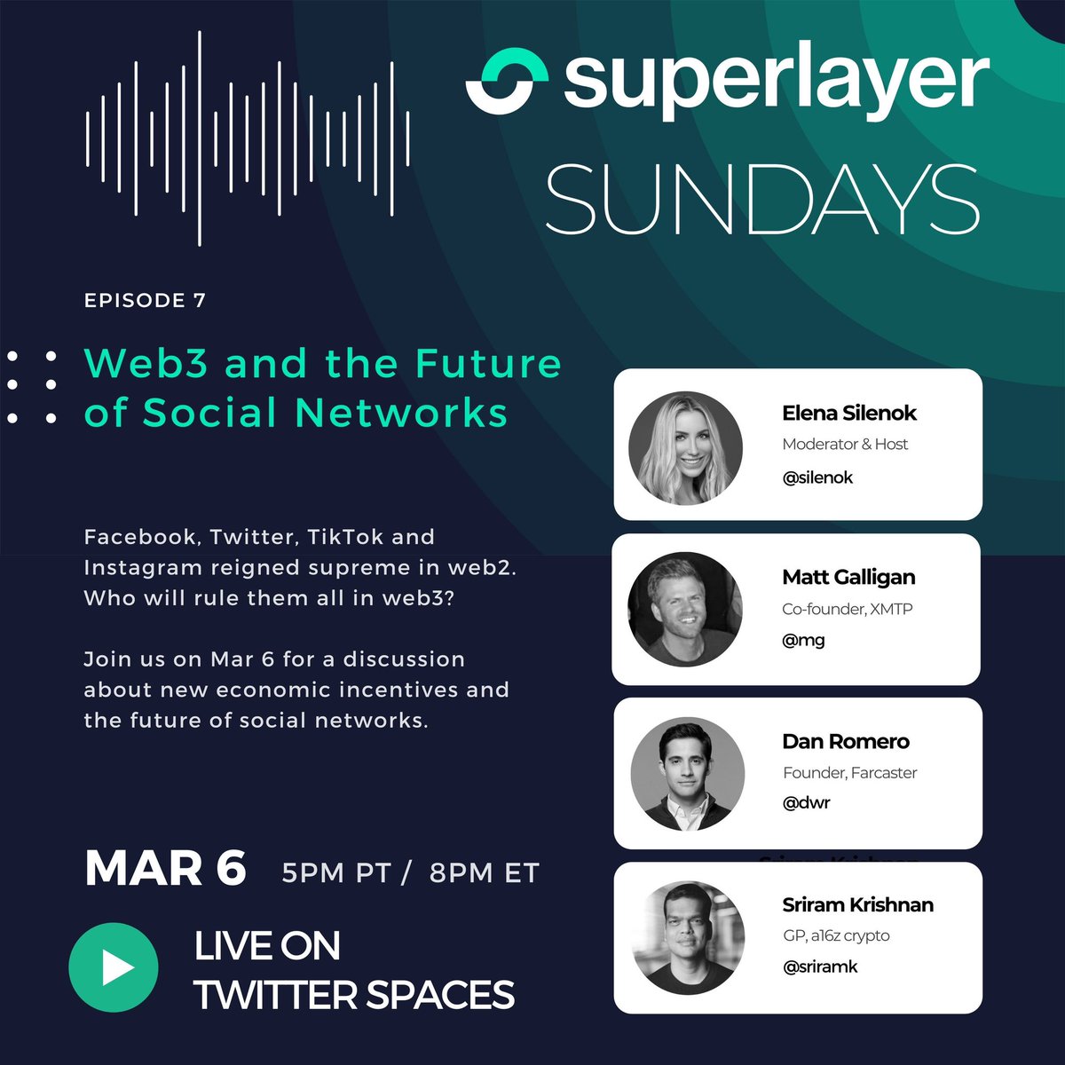 silenok's tweet photo. Web3 and the Future of Social Networks

Tune in to @SuperLayerIO Sundays this Sun 3/6 at 5pm PT / 8pm ET to hear from:

@mg @xmtp_ 
@dwr @farcaster_xyz 
@sriramk @a16z 

Set a reminder 🚨👉
https://t.co/i3dd7xHeIY https://t.co/egJjotIu0w
