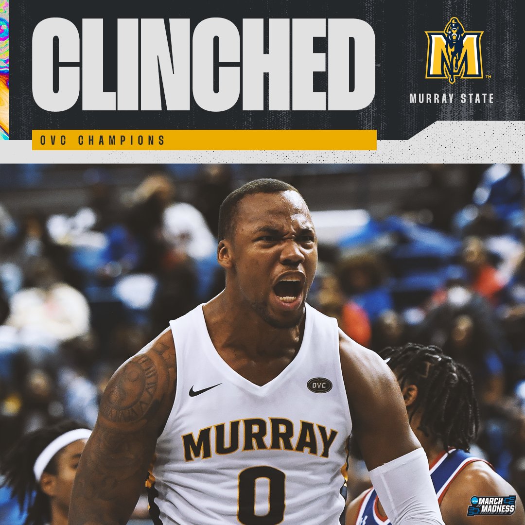 MarchMadnessMBB's tweet photo. MURRAY STATE IS DANCING 🕺

No. 22 @RacersHoops become the first team to lock in their #MarchMadness spot after winning the OVC Tournament! https://t.co/f4d4Xt3fiX