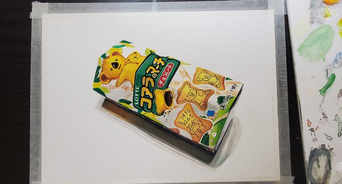#このツイートをRT頑張ったのでお願いしますポスターカラーで、4種のチョコ菓子を描きました1枚の紙の上で、絵の具を塗り重ねて展開させてます。展開の様子、クライマックスは動画で。↓↓イラスト#いろんな人に見てほしい#絵描きさんとつながりたい 