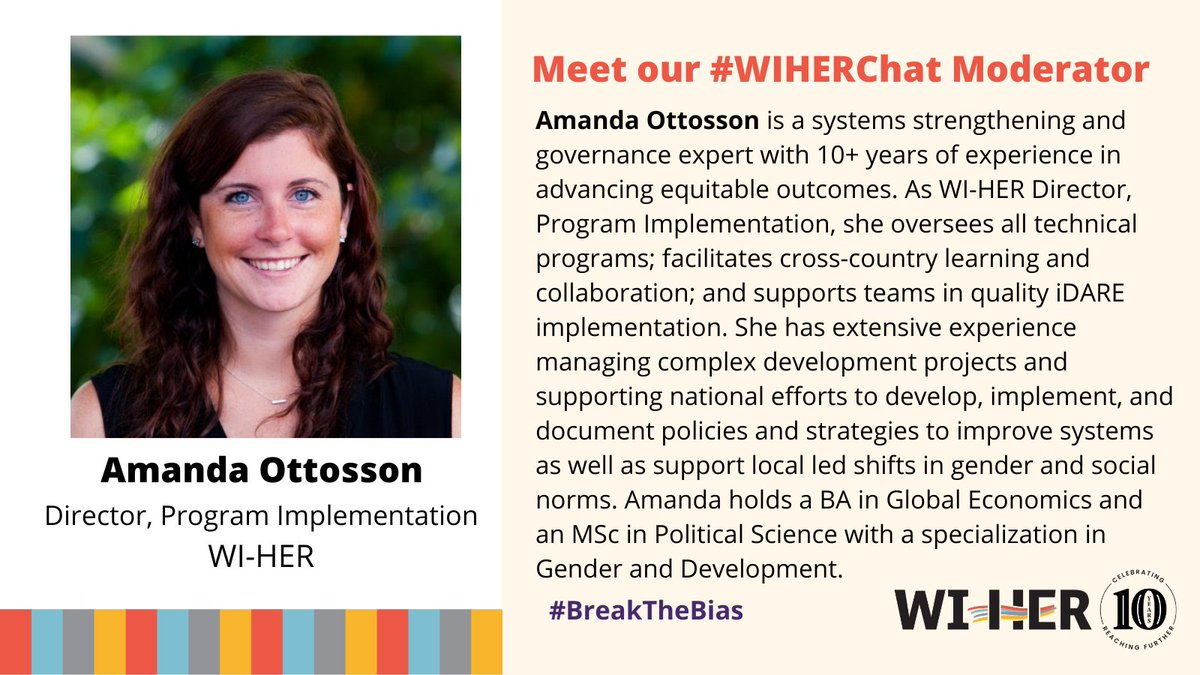 WIHERllc's tweet photo. Meet @aottosso, Director of Program Implementation @WIHERllc &amp; moderator of #WIHERChat. As an expert in systems strengthening &amp; governance, she oversees all technical programs. Join Amanda, WI-HER, &amp; guest experts in ONE hour as we discuss #BreakTheBias and #GenderEquality. https://t.co/5qXBi4Rlei