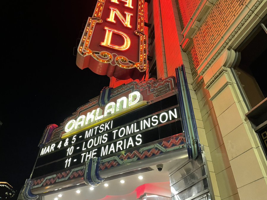 Fox Theater sign reads 'Mar 4 & 5 - Mitski' 'Mar 10 - Louis Tomlinson'