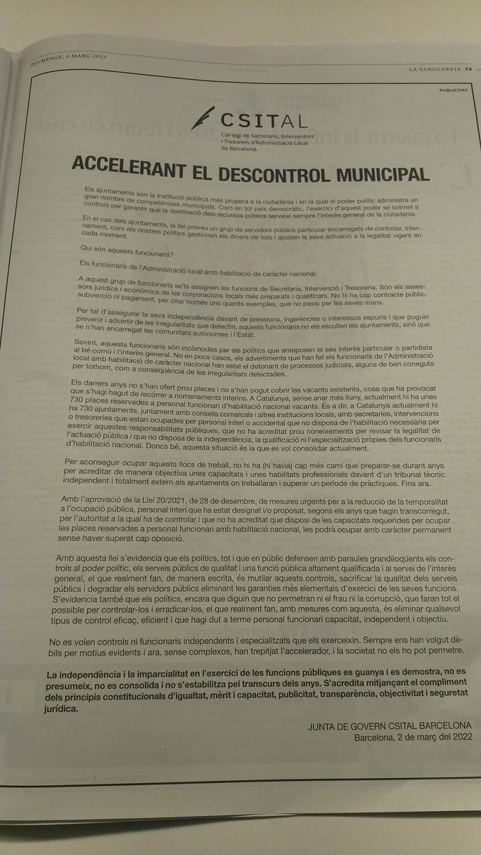 dretlocal's tweet photo. ACCELERANT EL DESCONTROL MUNICIPAL. Avui, a ⁦@LaVanguardia⁩ escrit del ⁦@csitalbcn⁩. https://t.co/0v09gKNJnu