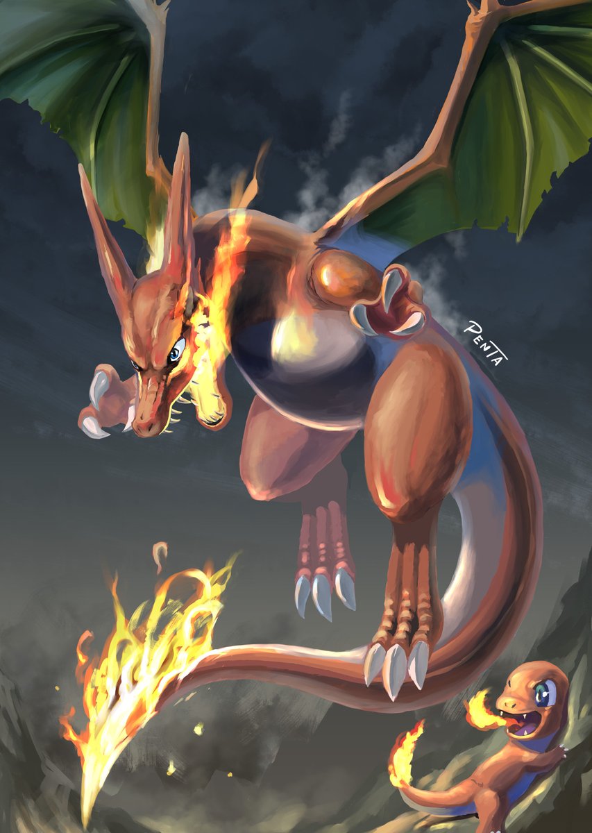 ポケモン リザードン アレンジ少ない版 With ヒトカゲ 先日のリザードンが私の趣味 トンガリペン太のイラスト