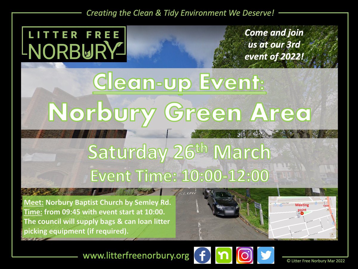Our next clean-up event is happening on Saturday 26th March.
@CroydonNbrhoods @yourcroydon @croydonevents 
#litterfreenorbury #litter #norbury