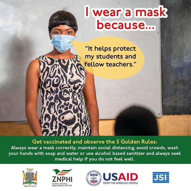 ZMPublicHealth's tweet photo. Back to school tomorrow! “I wear a mask because….it helps protect my students and fellow teachers.” Who do you wear a mask for? Let us know in the comments below. 
Remember to #MaskUp #KeepSafe and observe the #5GoldenRules https://t.co/lkqK54xXKw