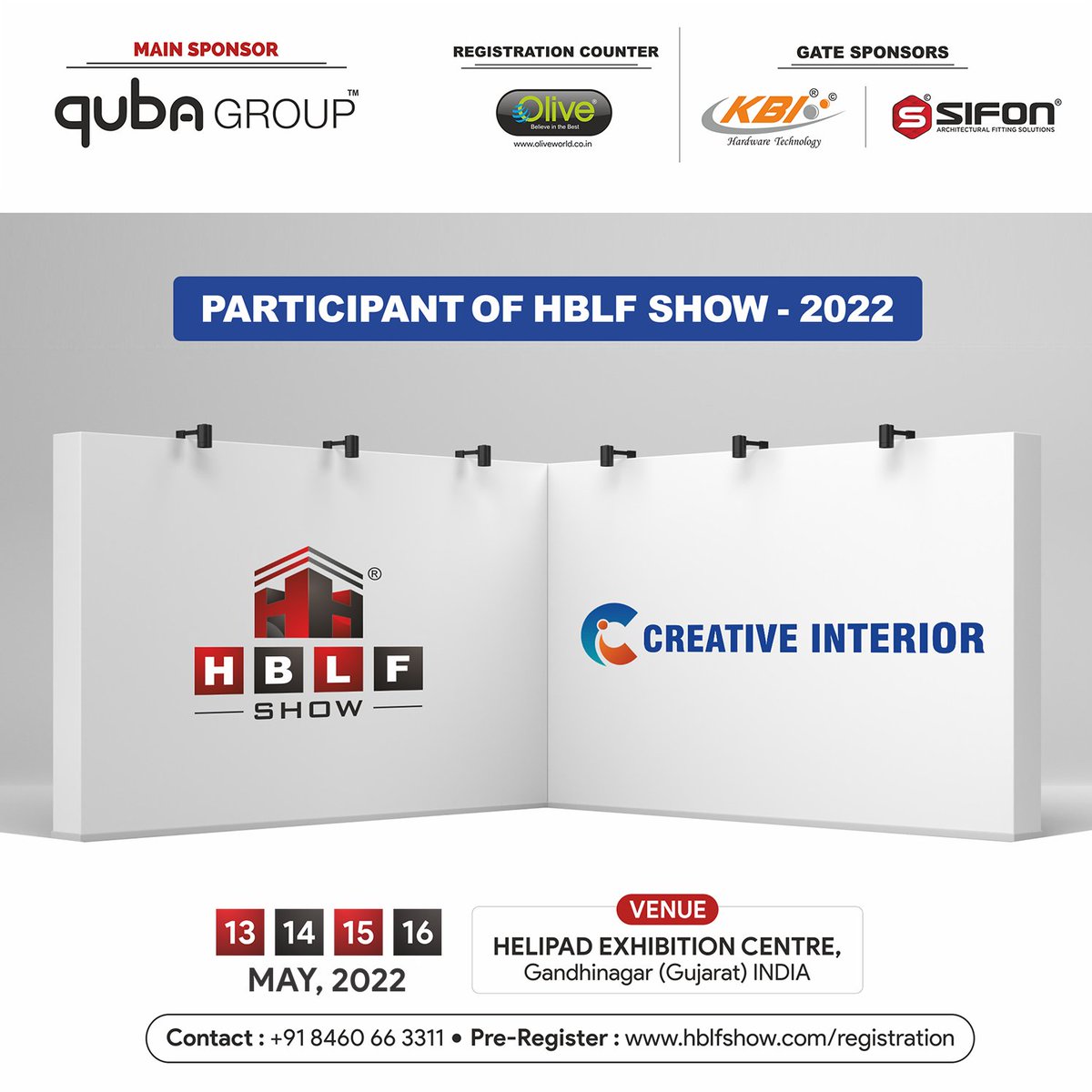 HBLFShow's tweet image. It is pleasure to announce #CreativeInterior as participant at the upcoming India’s Largest Architectural and Interior Products #HBLFShow2022 Exhibition at #HelipadExhibitionCentre, Gandhinagar (Gujarat) on 13th – 16th May, 2022.
 #CreativeInteriorMagazine #BuildersMagazine