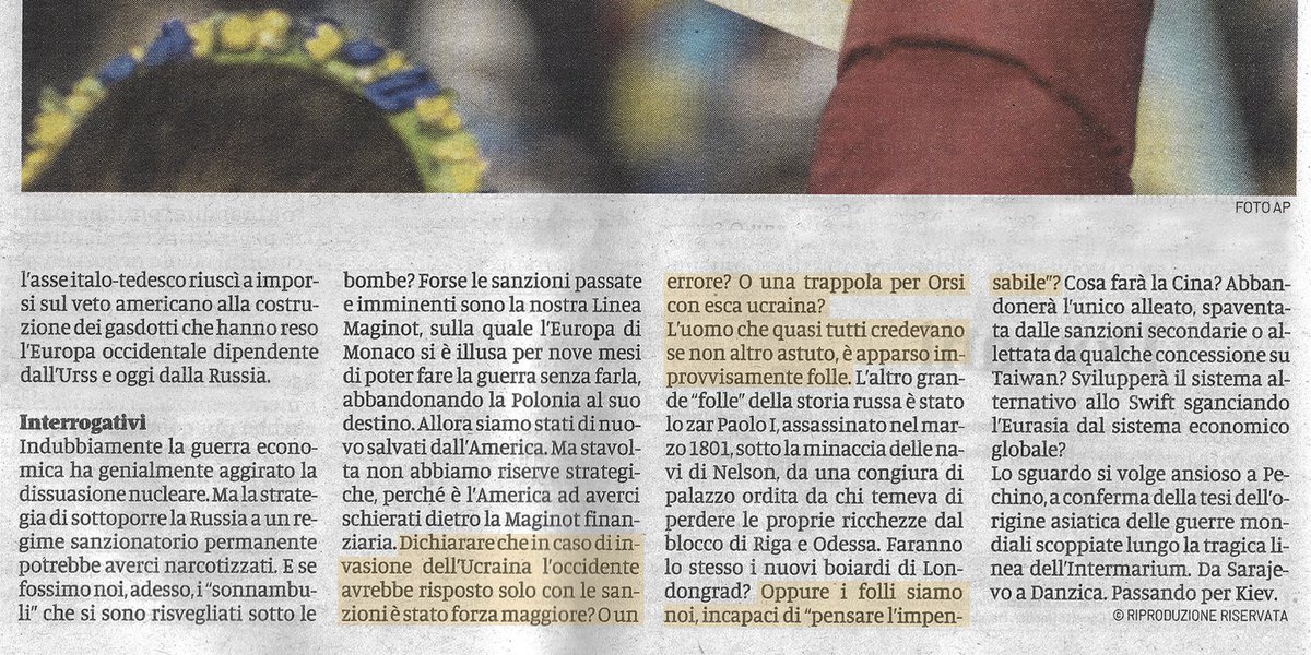 DSimonelli13's tweet photo. «L'uomo che quasi tutti credevano se non altro astuto, è apparso improvvisamente folle. [...] Oppure i folli siamo noi, incapaci di "pensare l'impensabile"?»

Virgilio Ilari. La strategia sanzionatoria e i rischi per l'occidente. Interrogativi.

🗞 da #Scenari, @dlfabbri https://t.co/GoNzN8UvjZ