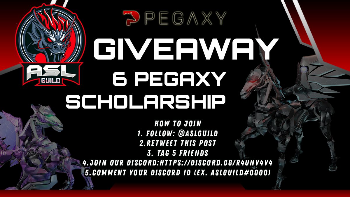 AslGuild's tweet photo. To kick things off - We are giving Pegaxy Scholarship to 6 Lucky People

- How to Join:
• Like, Retweet and Tag 5 friends
• Join our discord: https://t.co/LIIWG3Cif5
• Comment your discord ID (ex. ASLGUILD#0000)

Announcement in 24hrs

#Pegaxy #PegaxyScholar #PegaxyScholarship https://t.co/vt2pWHjy0s