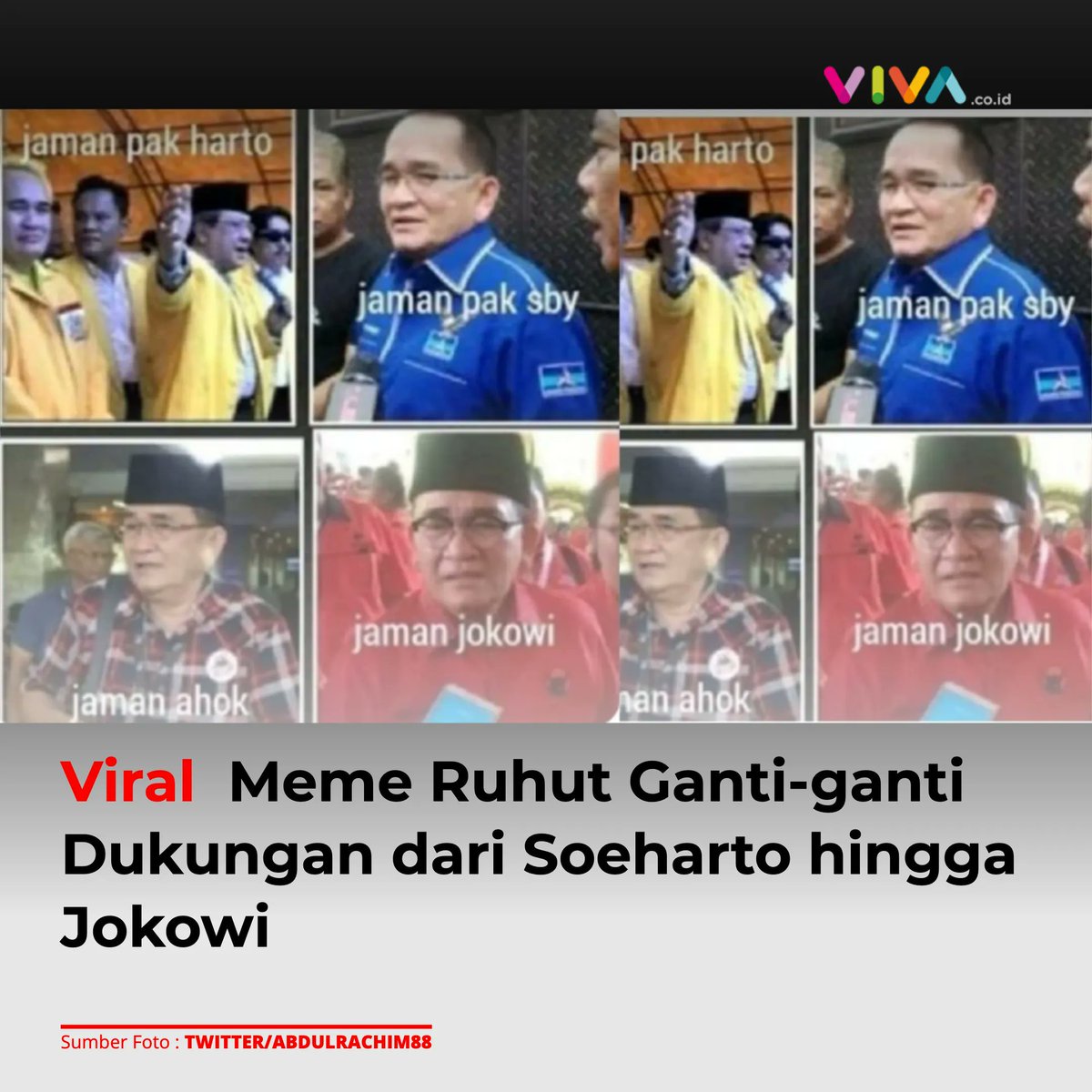 VIVAcoid's tweet photo. Meme Ruhut Sitompul ganti-ganti dukungan dari  Soeharto hingga Jokowi viral di media sosial Twitter. Meme viral itu diunggah dalam cuitan Daeng Rahing di akun Twitternya (5/3). 
https://t.co/Oa2WfxVc3W
__
#vivacoid #news #viral #RuhutSitompul https://t.co/zw9IH7s2gQ