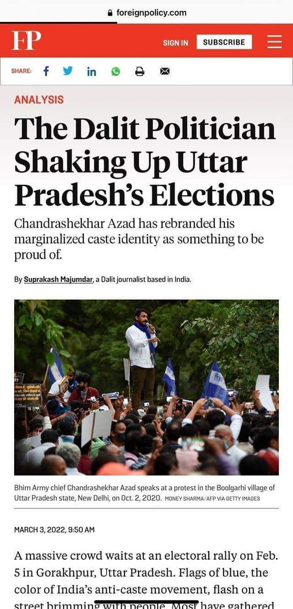 टाइम मैगज़ीन के बाद अब अमेरिका की फ़ेमस Foreign Policy नामक पत्रिका जो की वर्ल्ड वाइड पोलिटिकल party's एवं चर्चित नेताओं पर काम करती है। <a href="/BhimArmyChief/">Chandra Shekhar Aazad</a> <a href="/Bhimarmy_BEM/">भीम आर्मी भारत एकता मिशन</a>
